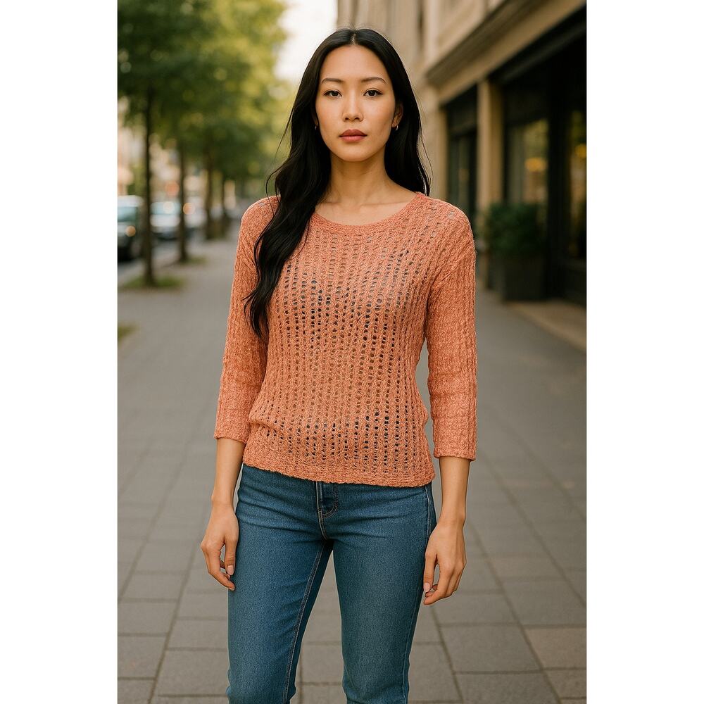 Amano Hand Knit Open Weave Sweater Spain S Peach - Picture 2 of 5
